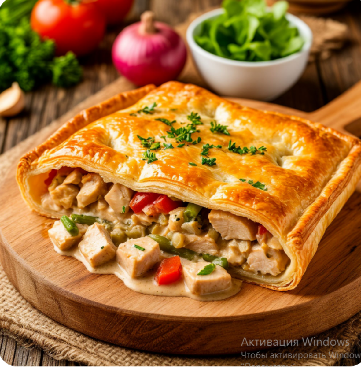 Пирог слоёно-дрожжевой с курицей и овощами в сливочном соусе Изображение Пирог слоёно-дрожжевой с курицей и овощами в сливочном соусе - Ланчбург