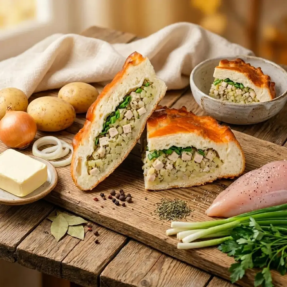 Пирог дрожжевой с курицей и картофелем Изображение Пирог дрожжевой с курицей и картофелем - Ланчбург