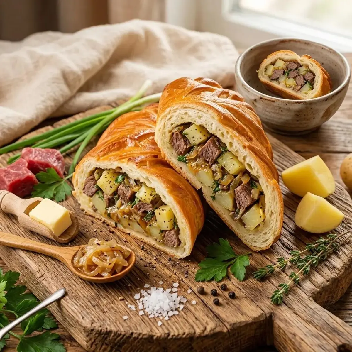 Пирог дрожжевой с мясом говядины и картофелем Изображение Пирог дрожжевой с мясом говядины и картофелем - Ланчбург