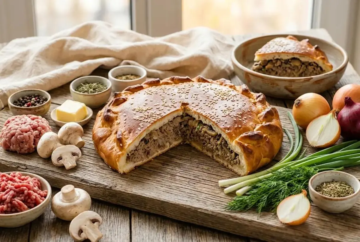 Пирог дрожжевой с мясным фаршем и грибами Изображение Пирог дрожжевой с мясным фаршем и грибами - Ланчбург